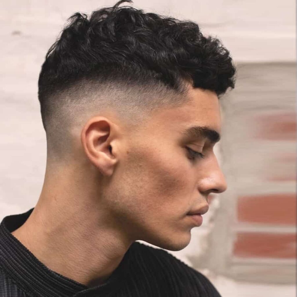 Curly Fade with Soft Curls and Side Part