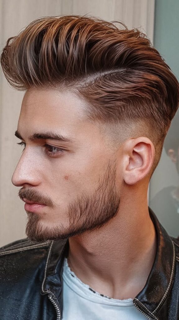  Low Taper Fade with Long Slicked-Back Pompadour
