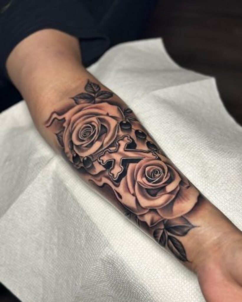 inner forearm rose tattoo for men