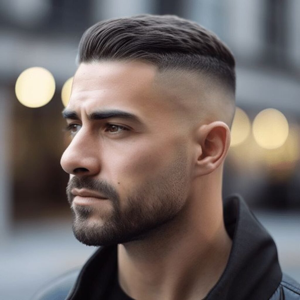 High fade with slick back.