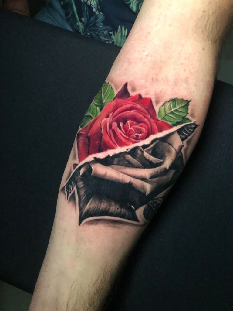 watercolor rose tattoo men forearm