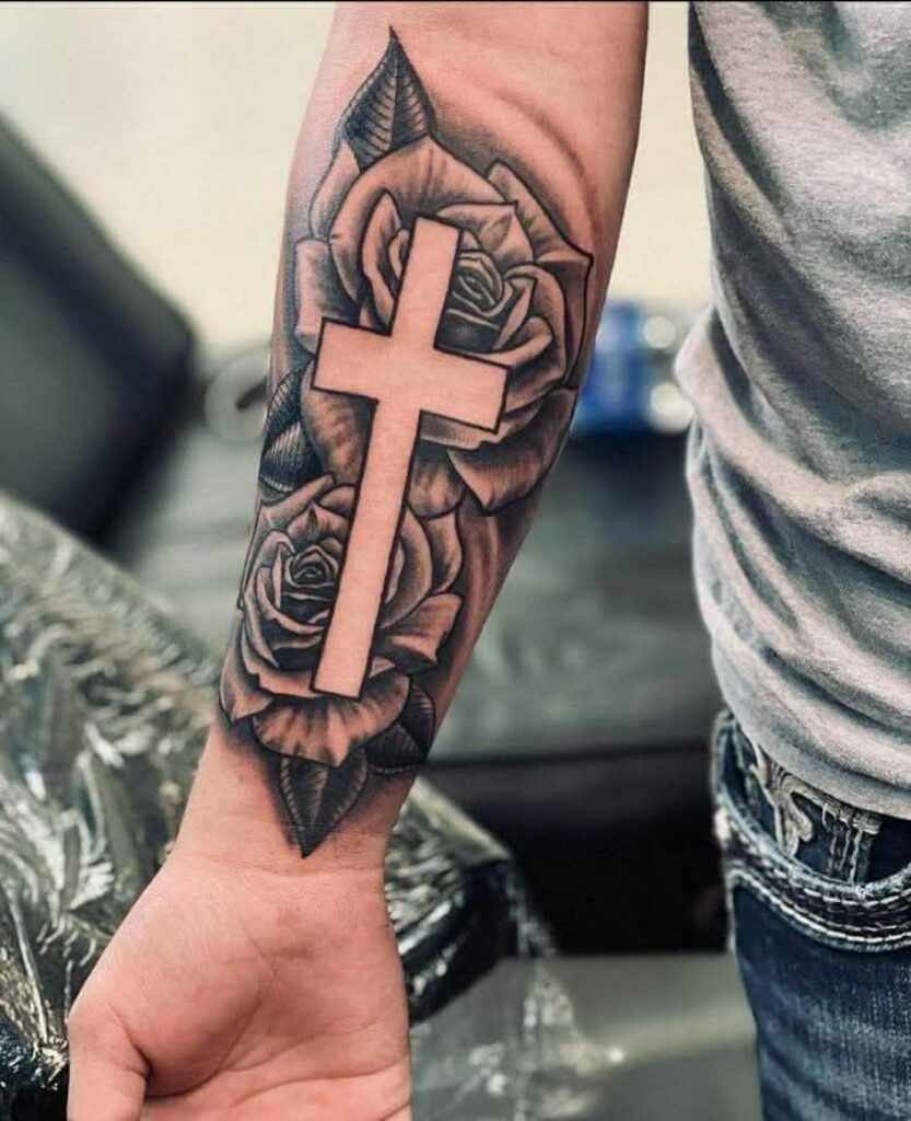 Cross and Rose Tattoo