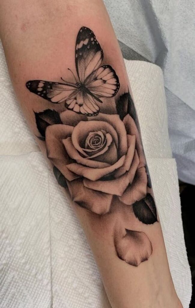 Forearm Rose with Butterfly Tattoo