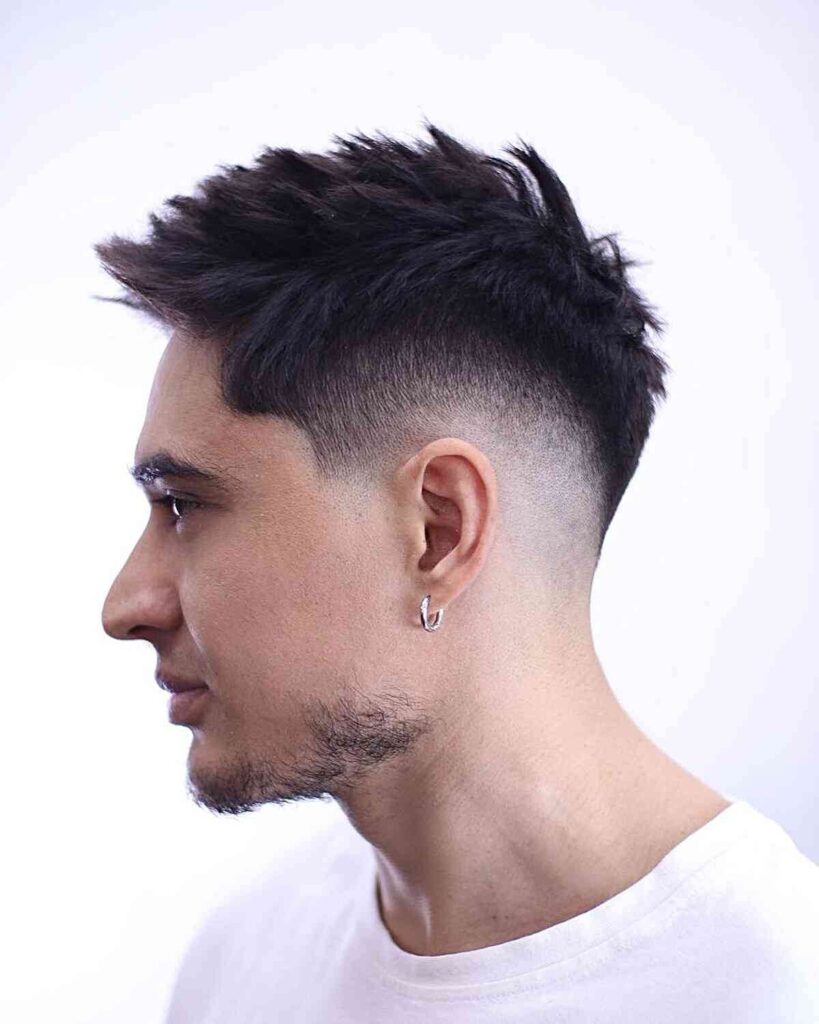 Faux Hawk Low Taper Fade Haircut with Design